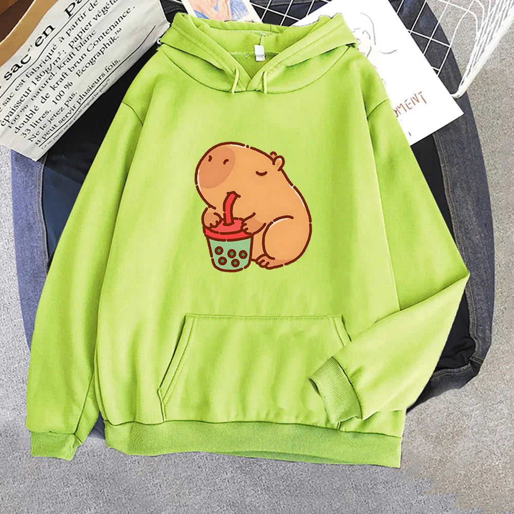 Chonky Capybara Drinking Matcha Bubble Tea Unisex Hoodie-Kawaii Dream