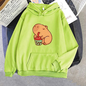 Chonky Capybara Drinking Matcha Bubble Tea Unisex Hoodie-Kawaii Dream
