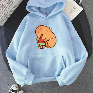 Chonky Capybara Drinking Matcha Bubble Tea Unisex Hoodie-Kawaii Dream