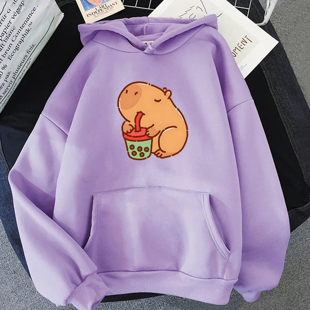 Chonky Capybara Drinking Matcha Bubble Tea Unisex Hoodie-Kawaii Dream
