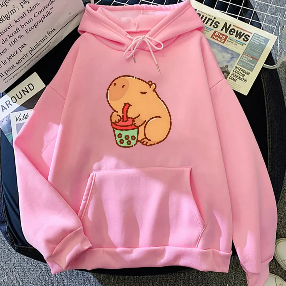 Chonky Capybara Drinking Matcha Bubble Tea Unisex Hoodie-Kawaii Dream