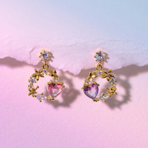 Circle of Love Heart Gold-Plated Hanging Stud Earrings-Kawaii Dream