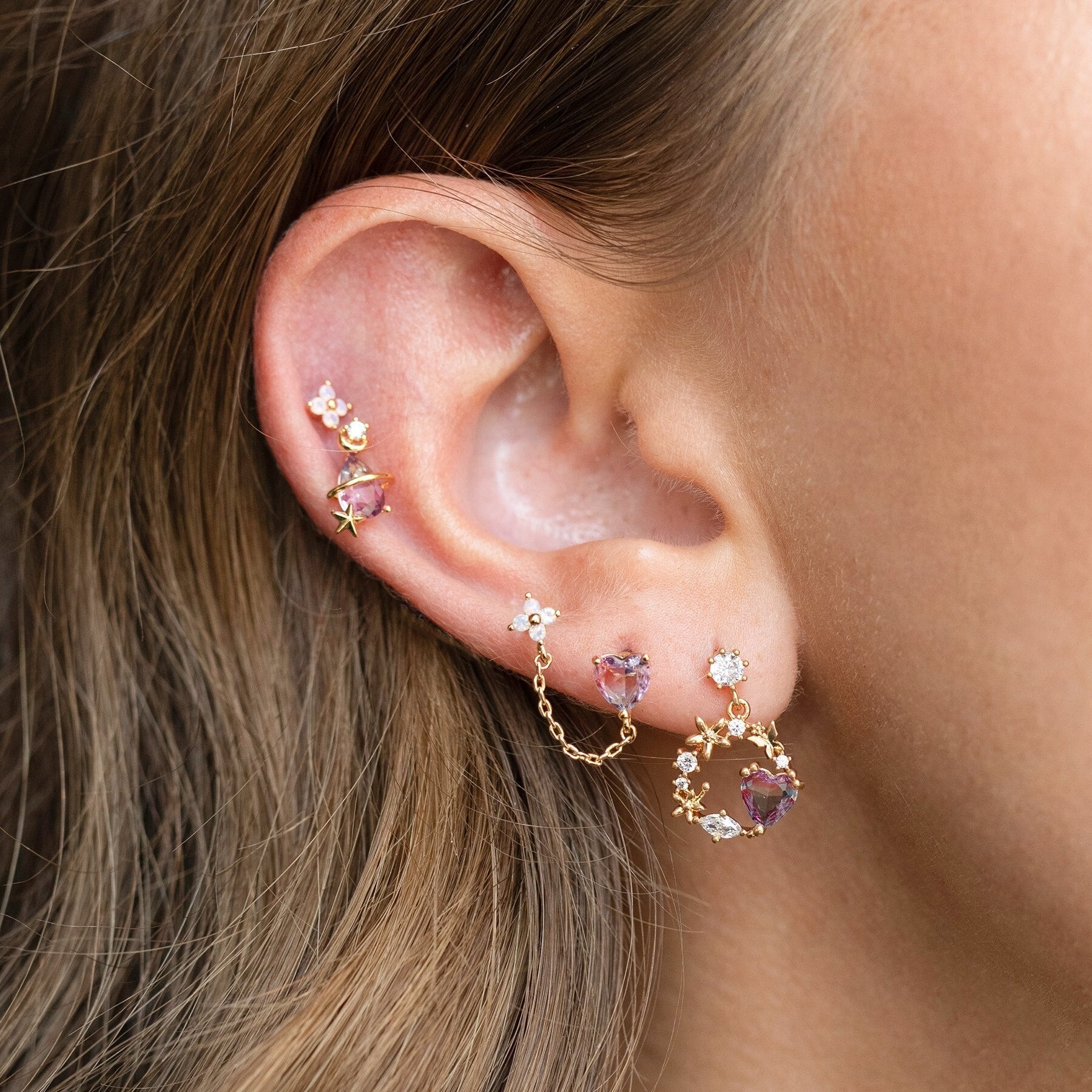 Circle of Love Heart Gold-Plated Hanging Stud Earrings-Kawaii Dream