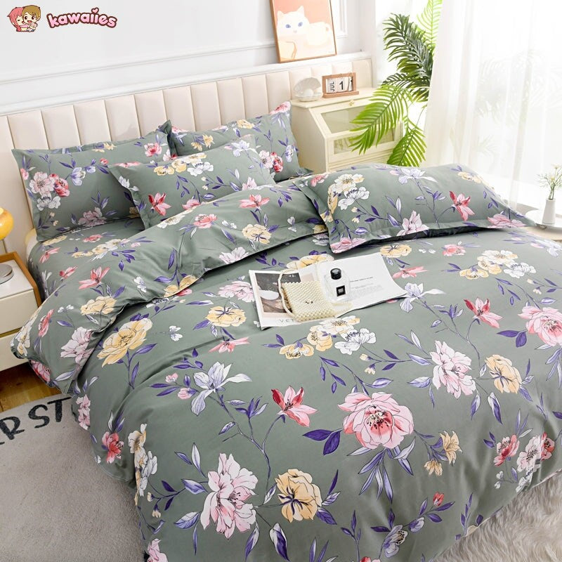 Coral Pink Blue Gray Floral Bedding Set Collection-Kawaii Dream