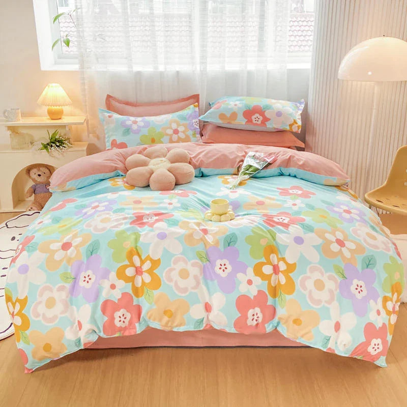 Coral Pink Blue Gray Floral Bedding Set Collection-Kawaii Dream