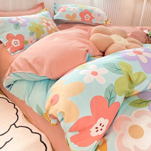 Coral Pink Blue Gray Floral Bedding Set Collection-Kawaii Dream