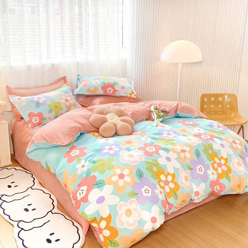 Coral Pink Blue Gray Floral Bedding Set Collection-Kawaii Dream