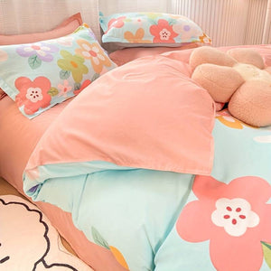Coral Pink Blue Gray Floral Bedding Set Collection-Kawaii Dream