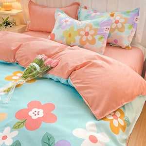 Coral Pink Blue Gray Floral Bedding Set Collection-Kawaii Dream