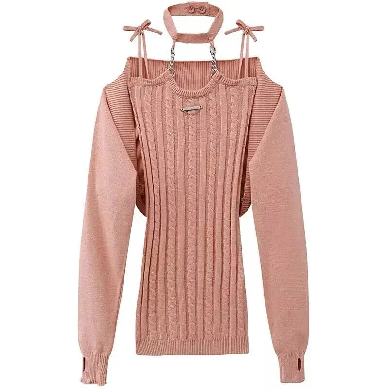 Coral Pink Cardigan Dress Ribbed Women's 2pc Knit Set-Kawaii Dream