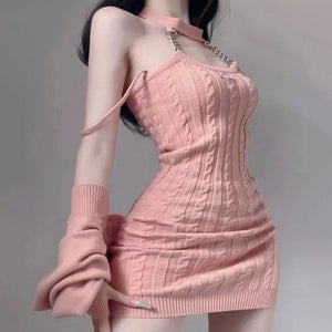 Coral Pink Cardigan Dress Ribbed Women's 2pc Knit Set-Kawaii Dream