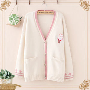 Cute Bunny Long Sleeve Knitted Pink Cream Black Cardigans Tops-Kawaii Dream
