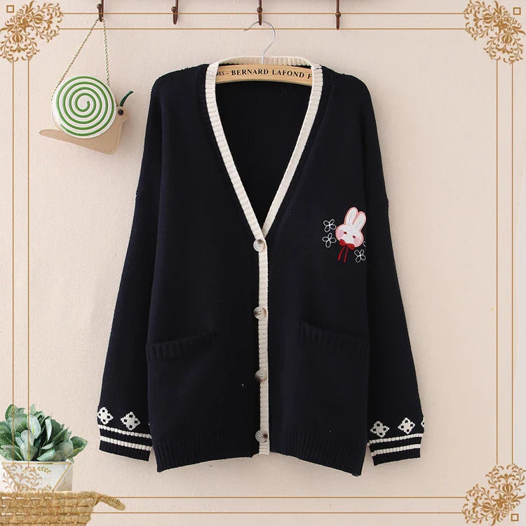 Cute Bunny Long Sleeve Knitted Pink Cream Black Cardigans Tops-Kawaii Dream