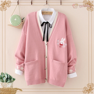Cute Bunny Long Sleeve Knitted Pink Cream Black Cardigans Tops-Kawaii Dream