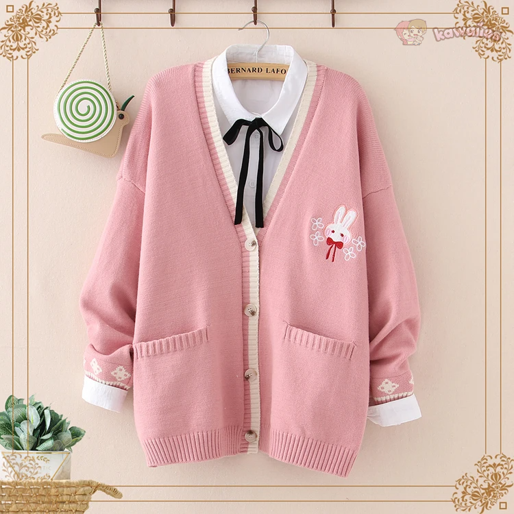 Cute Bunny Long Sleeve Knitted Pink Cream Black Cardigans Tops-Kawaii Dream