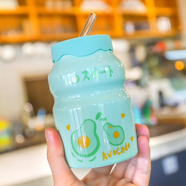 Cute Cartoon Fruit Friends Ceramic Cup with Straw-Kawaii Dream