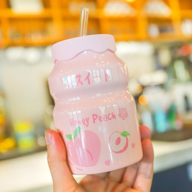 Cute Cartoon Fruit Friends Ceramic Cup with Straw-Kawaii Dream