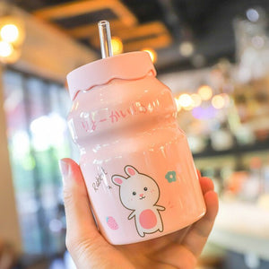 Cute Cartoon Fruit Friends Ceramic Cup with Straw-Kawaii Dream