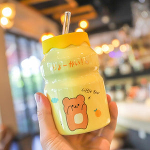Cute Cartoon Fruit Friends Ceramic Cup with Straw-Kawaii Dream