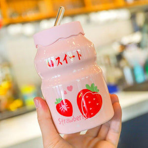 Cute Cartoon Fruit Friends Ceramic Cup with Straw-Kawaii Dream