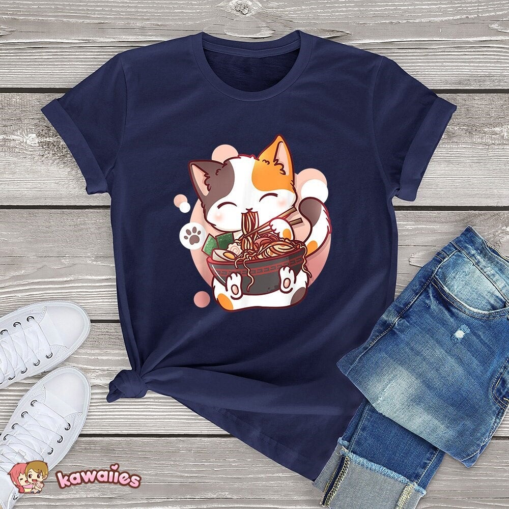 Cute Cat eating Ramen Cotton Women's Tee-Kawaii Dream
