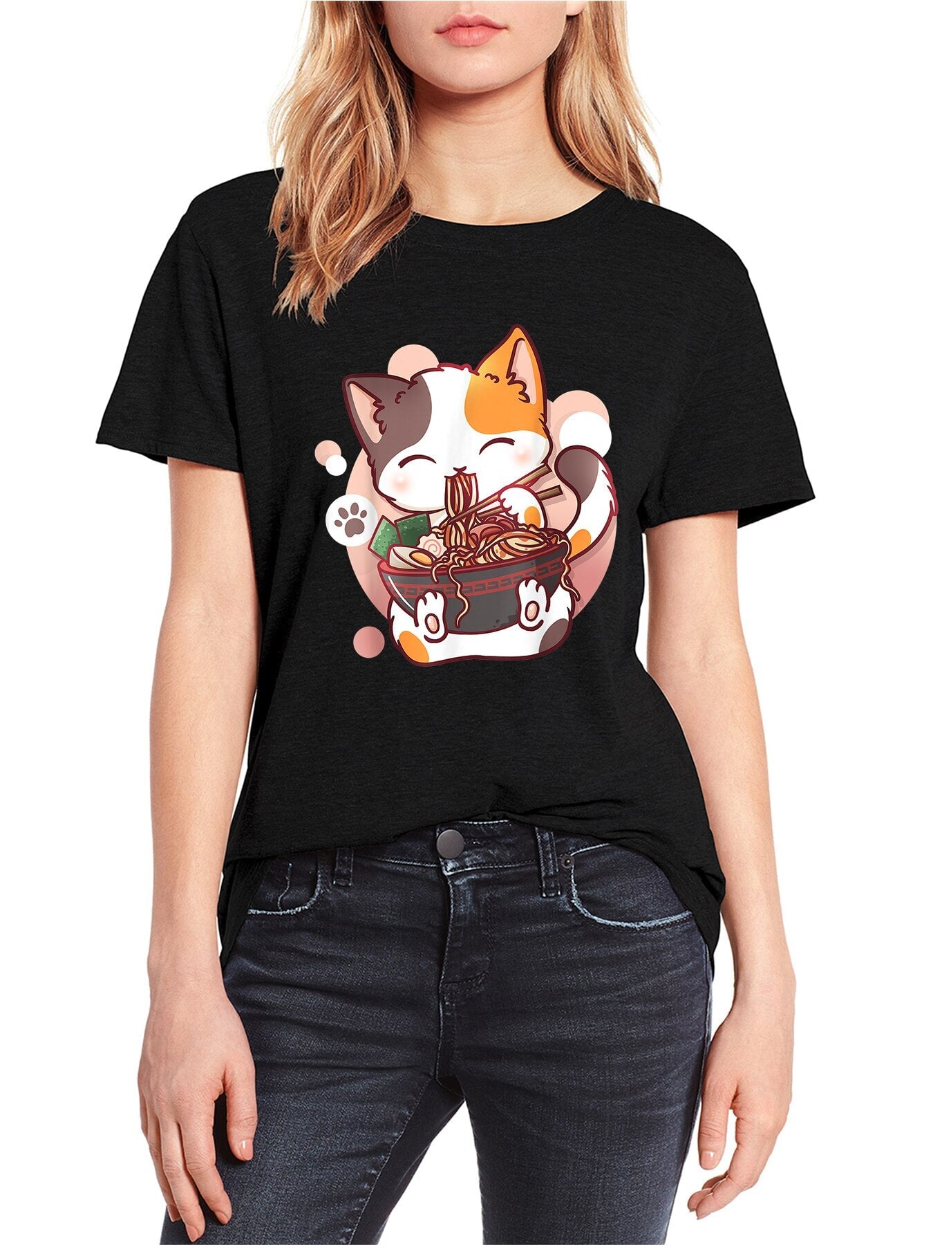 Cute Cat eating Ramen Cotton Women's Tee-Kawaii Dream