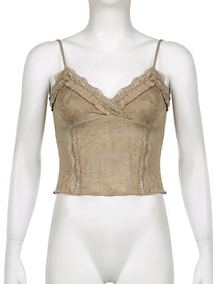 Cute Khaki Lace Spaghetti Vest-Kawaii Dream
