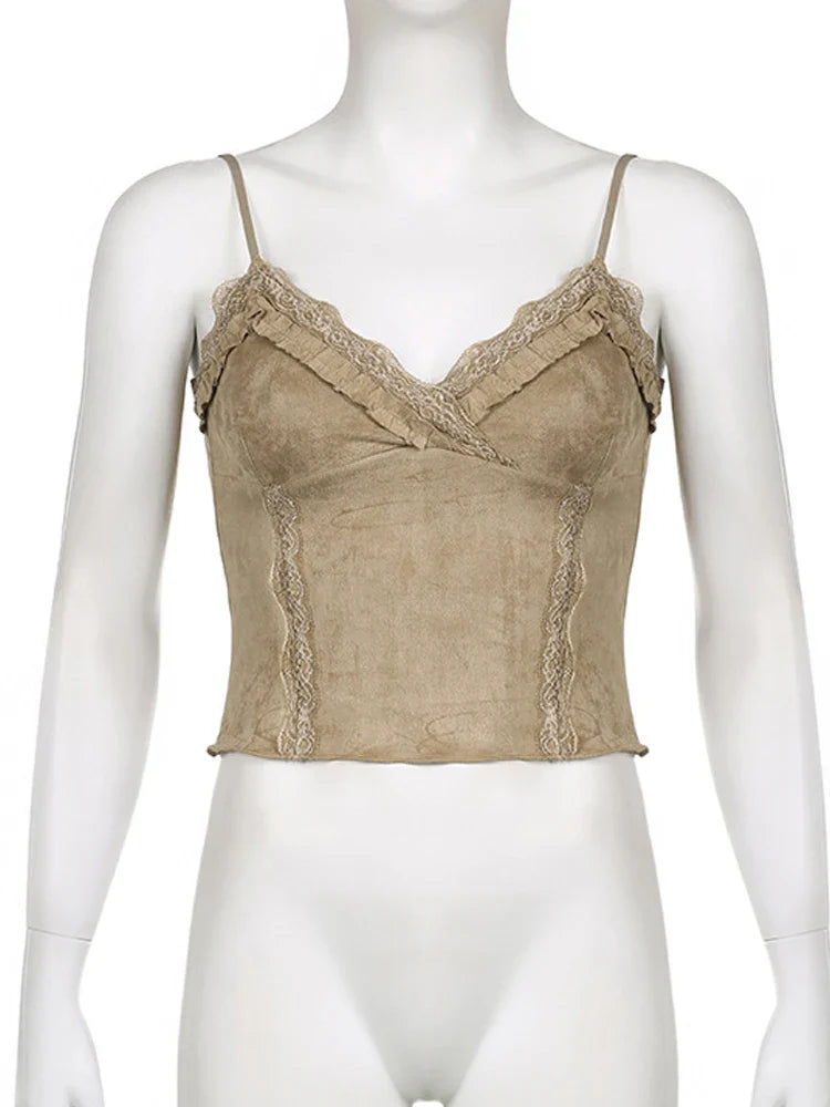 Cute Khaki Lace Spaghetti Vest-Kawaii Dream