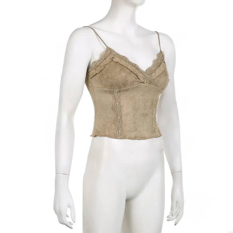 Cute Khaki Lace Spaghetti Vest-Kawaii Dream
