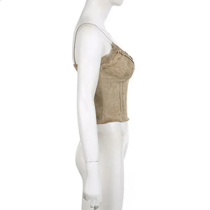 Cute Khaki Lace Spaghetti Vest-Kawaii Dream