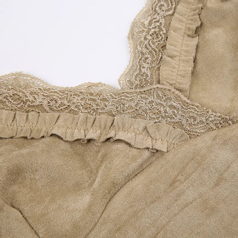 Cute Khaki Lace Spaghetti Vest-Kawaii Dream