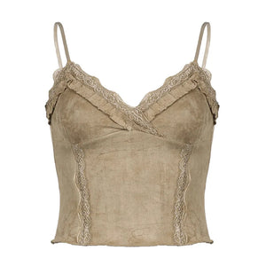 Cute Khaki Lace Spaghetti Vest-Kawaii Dream