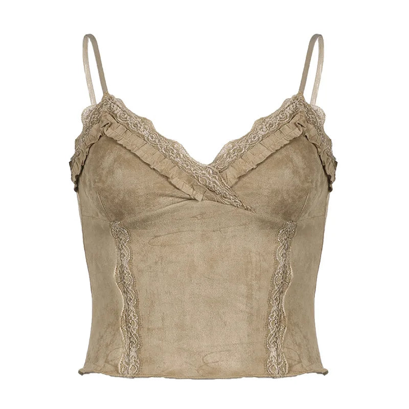 Cute Khaki Lace Spaghetti Vest-Kawaii Dream