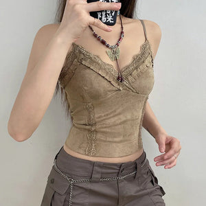 Cute Khaki Lace Spaghetti Vest-Kawaii Dream