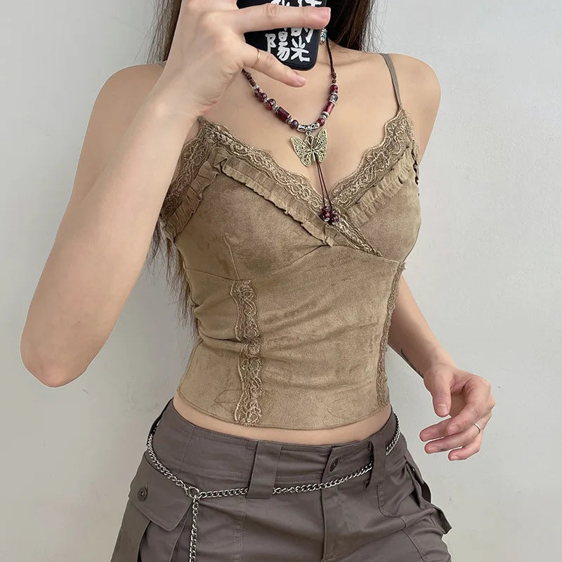 Cute Khaki Lace Spaghetti Vest-Kawaii Dream