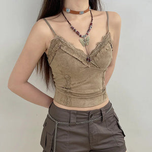 Cute Khaki Lace Spaghetti Vest-Kawaii Dream