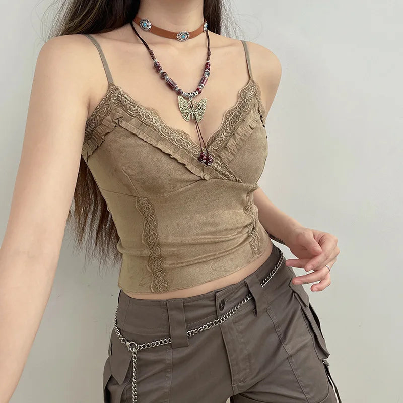 Cute Khaki Lace Spaghetti Vest-Kawaii Dream