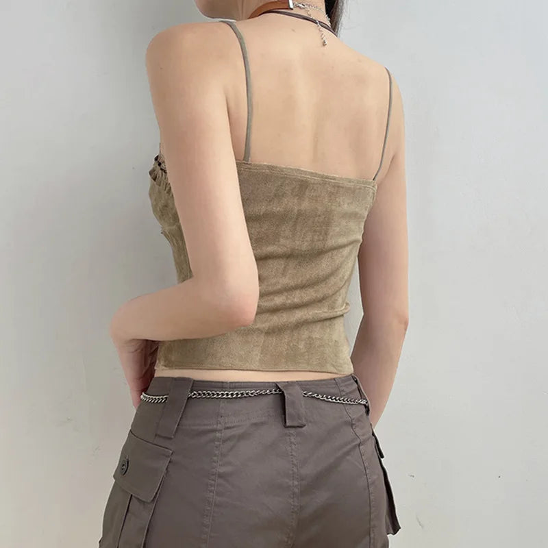 Cute Khaki Lace Spaghetti Vest-Kawaii Dream