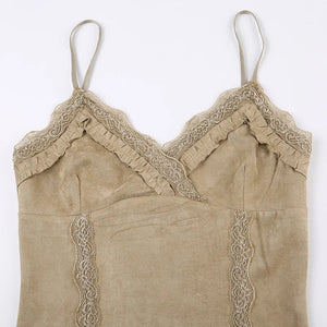 Cute Khaki Lace Spaghetti Vest-Kawaii Dream