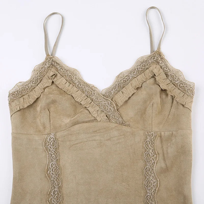 Cute Khaki Lace Spaghetti Vest-Kawaii Dream