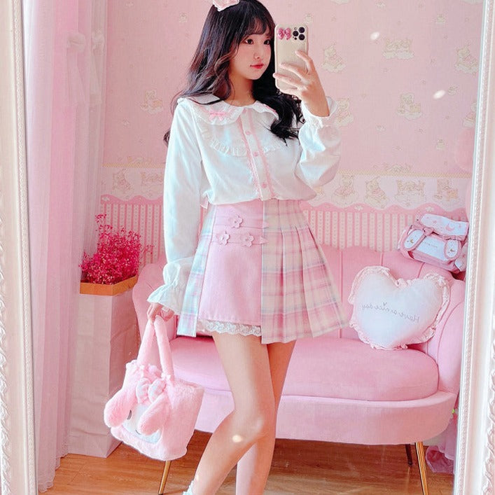 Cute Pleated Pink White Checked Women High-Waist Short Skirt with Lace & Shorts-Kawaii Dream