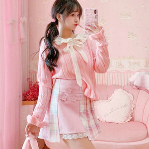 Cute Pleated Pink White Checked Women High-Waist Short Skirt with Lace & Shorts-Kawaii Dream