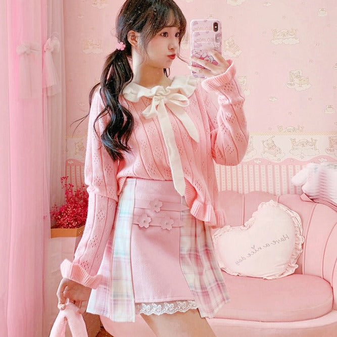 Cute Pleated Pink White Checked Women High-Waist Short Skirt with Lace & Shorts-Kawaii Dream