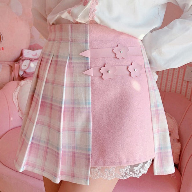 Cute Pleated Pink White Checked Women High-Waist Short Skirt with Lace & Shorts-Kawaii Dream
