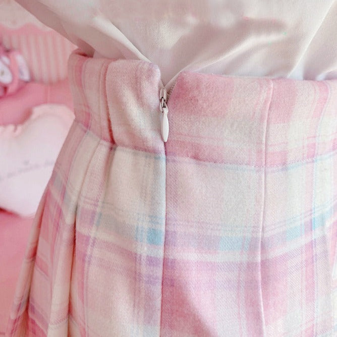 Cute Pleated Pink White Checked Women High-Waist Short Skirt with Lace & Shorts-Kawaii Dream