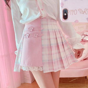 Cute Pleated Pink White Checked Women High-Waist Short Skirt with Lace & Shorts-Kawaii Dream