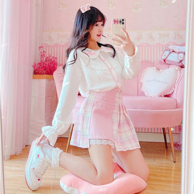 Cute Pleated Pink White Checked Women High-Waist Short Skirt with Lace & Shorts-Kawaii Dream