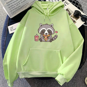 Cute Raccoon Eating Bubble Milk Tea and Pizza Unisex Hoodies-Kawaii Dream
