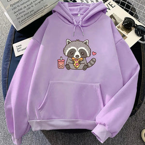 Cute Raccoon Eating Bubble Milk Tea and Pizza Unisex Hoodies-Kawaii Dream