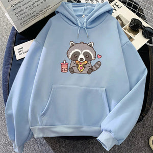 Cute Raccoon Eating Bubble Milk Tea and Pizza Unisex Hoodies-Kawaii Dream